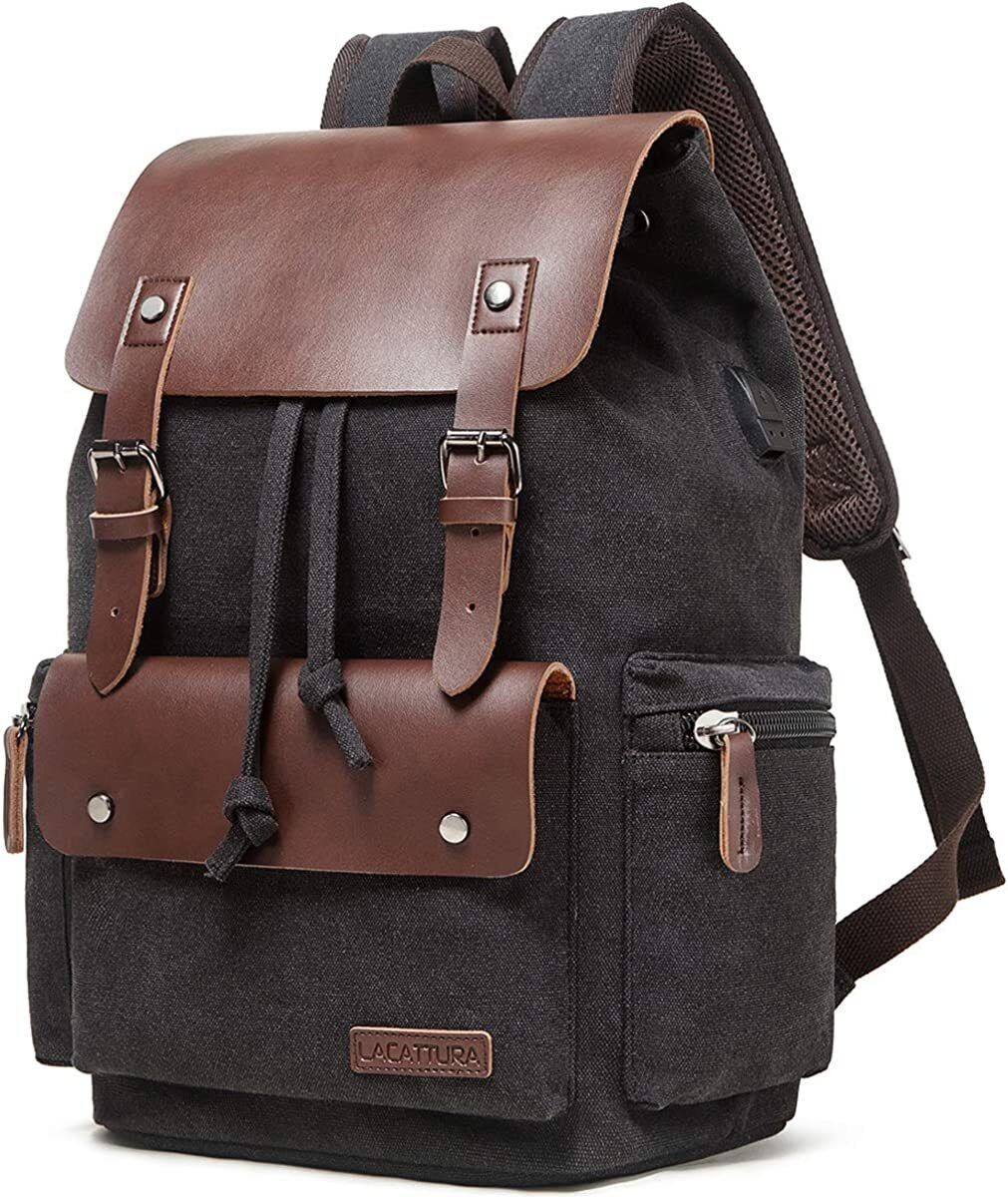 Men Vintage Leather School Travel Backpack Canvas Laptop Hiking Rucksack